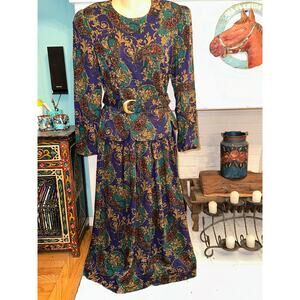 Vintage 80's Leslie Luck Purple Paisley Belted Peplum Dress